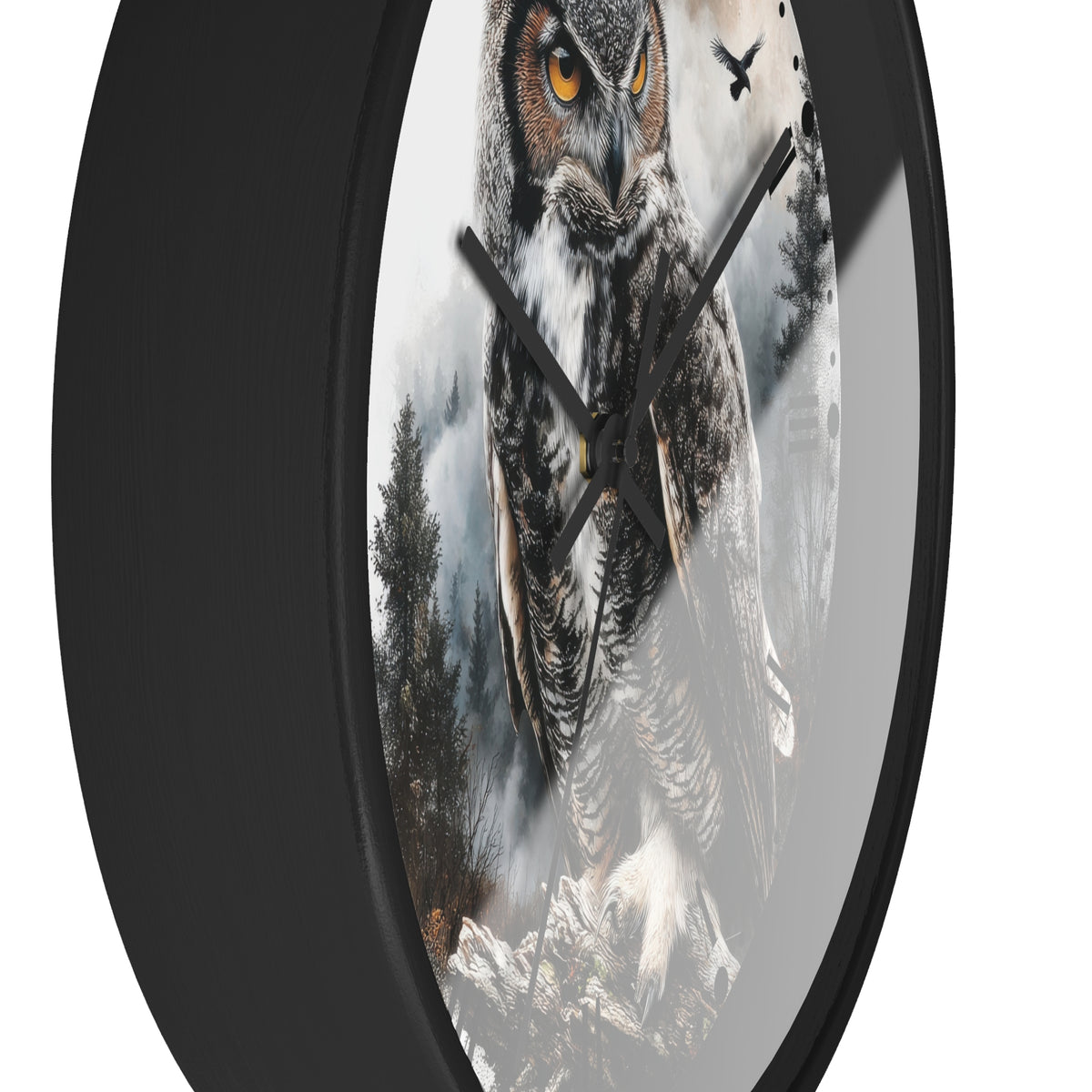 Round wall clock with a black frame and a printed owl design on the face, shown against a plain white background.