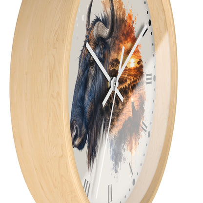 A round wall clock with a light natural wood frame and a white dial featuring a detailed bison illustration blended with an orange sunset scene. The clock is shown at an angle against a plain white background.
