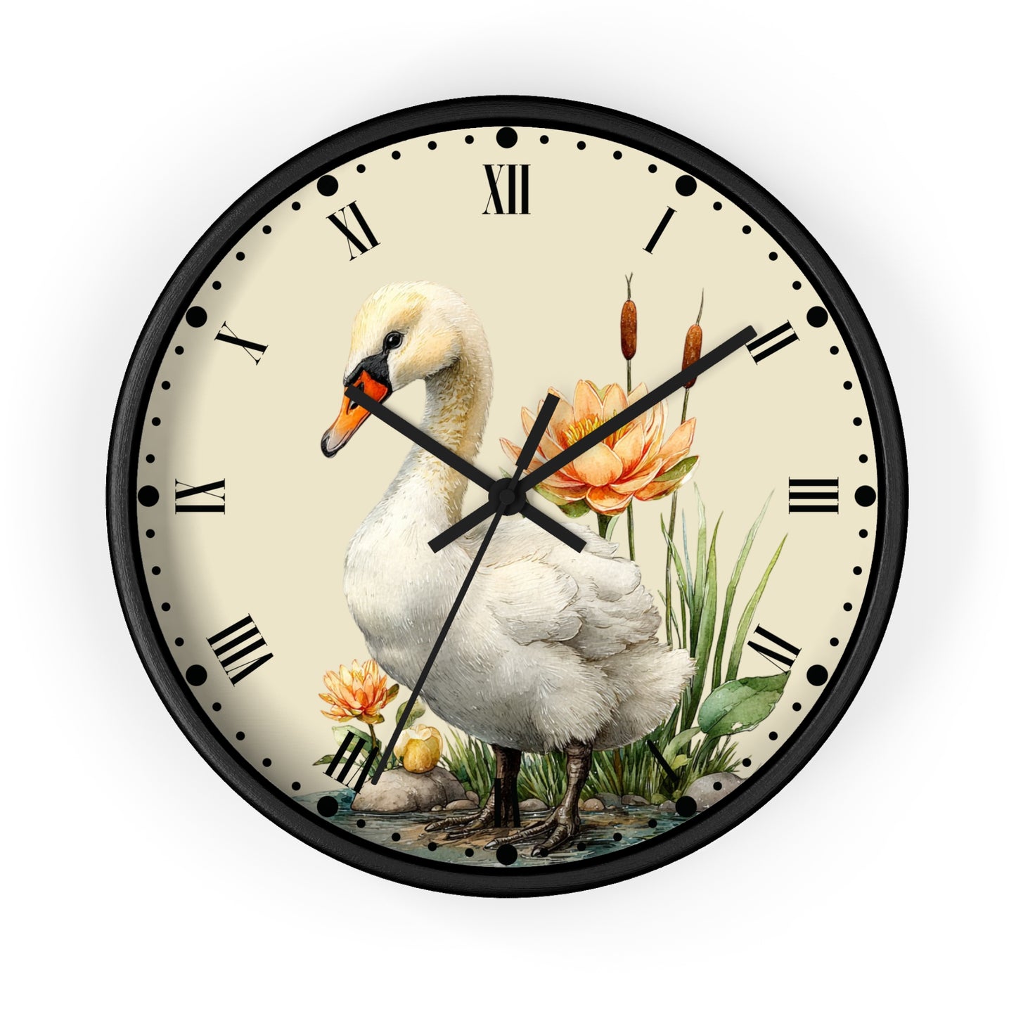 Swan Lotus Wall Clock — Vintage Floral Roman Numeral Clock