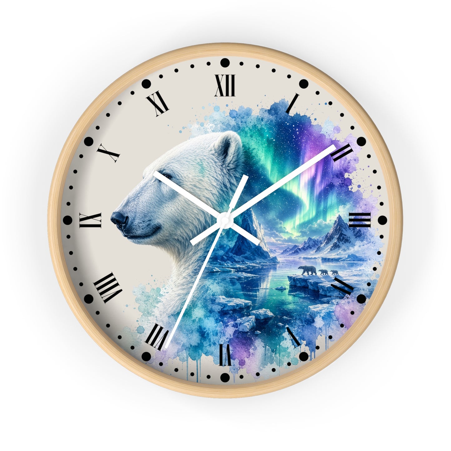 Polar Bear Aurora Wall Clock — Arctic Northern Lights Wildlife Decor
