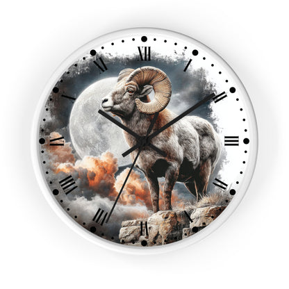 A round wall clock with a white frame and a printed scenic dial showing a large ram standing before a glowing moon and clouds, with black Roman numerals and hour markers on a white background.