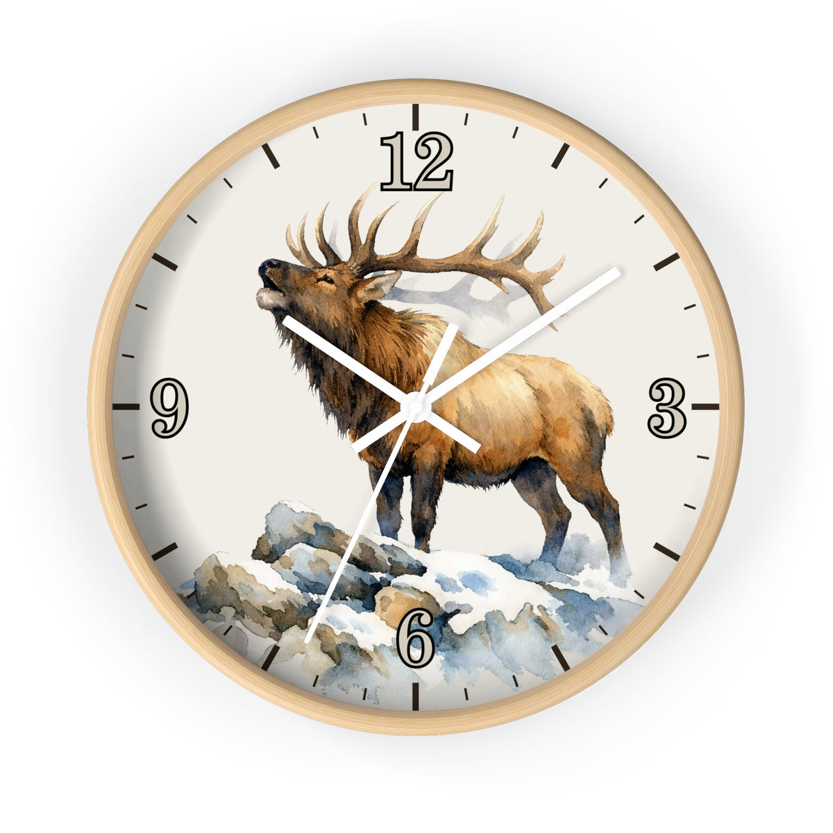 Elk Winter Wall Clock — Rustic Watercolor Mountain Lodge Decor