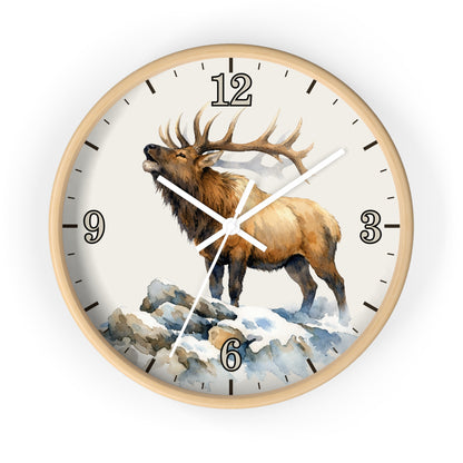 Elk Winter Wall Clock — Rustic Watercolor Mountain Lodge Decor