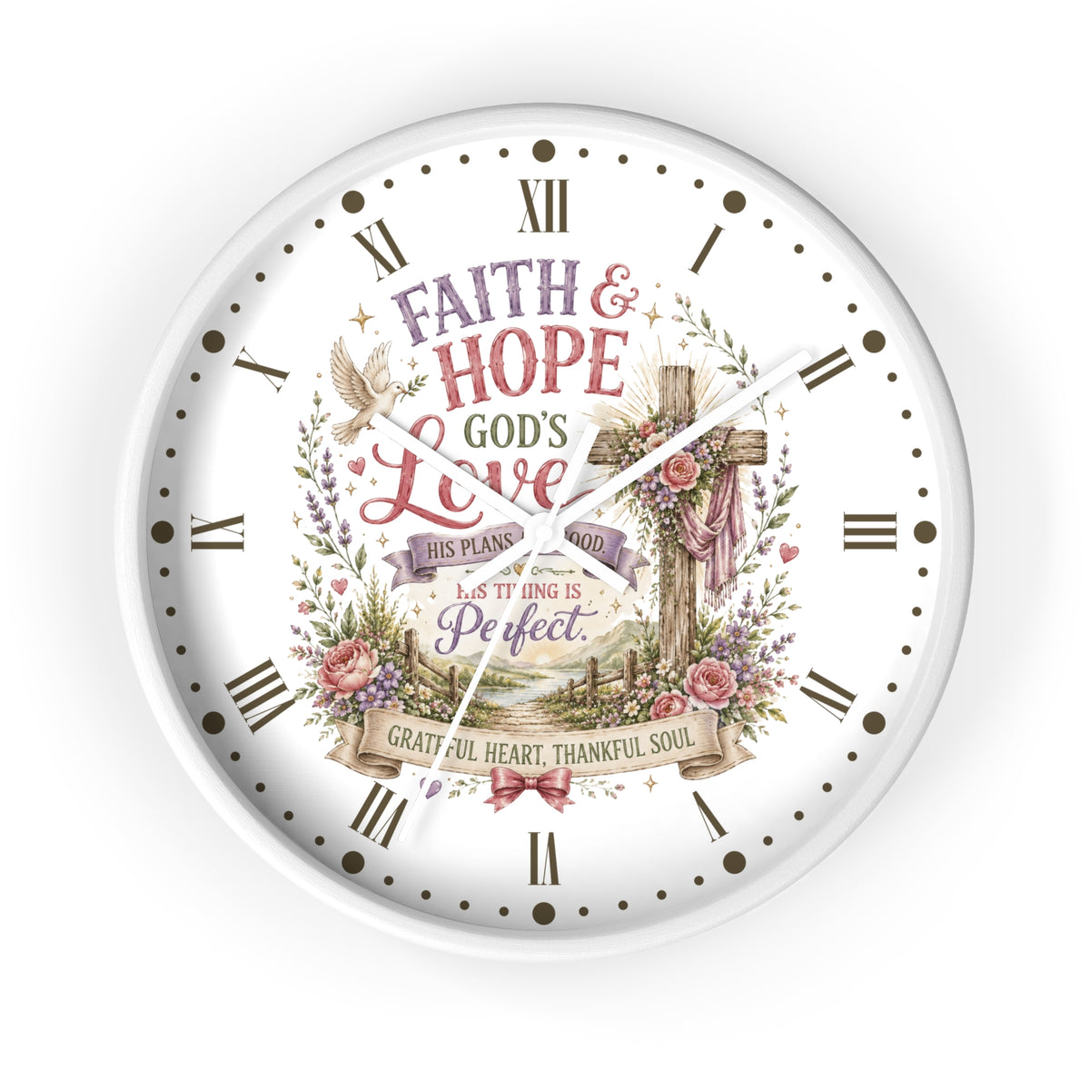 A round white wall clock with a Christian-themed floral and cross graphic on the face, featuring Roman numerals and the words 'Faith & Hope God's Love' and 'This Plan is Perfect.'.