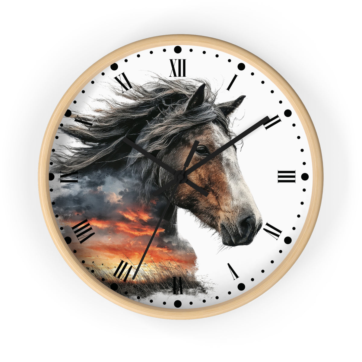 A round wall clock with a light wood frame and a white face featuring a detailed illustration of a horse's head over a dramatic orange and gray sunset scene. The clock uses black Roman numerals and black hands.
