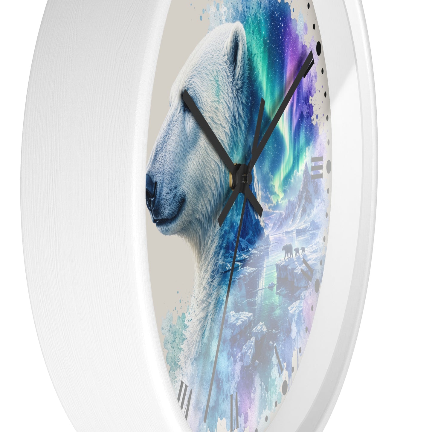 Polar Bear Aurora Wall Clock — Arctic Northern Lights Wildlife Decor