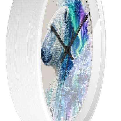Polar Bear Aurora Wall Clock — Arctic Northern Lights Wildlife Decor