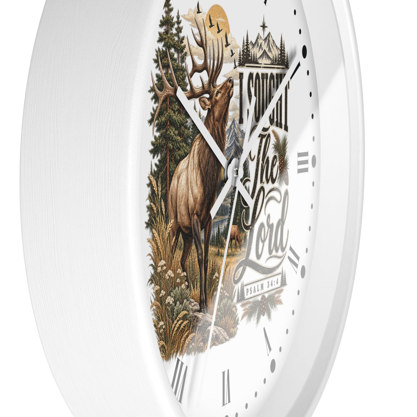 Rustic Elk Wall Clock – “I Sought The Lord” Psalm 34:4 Christian Home Decor
