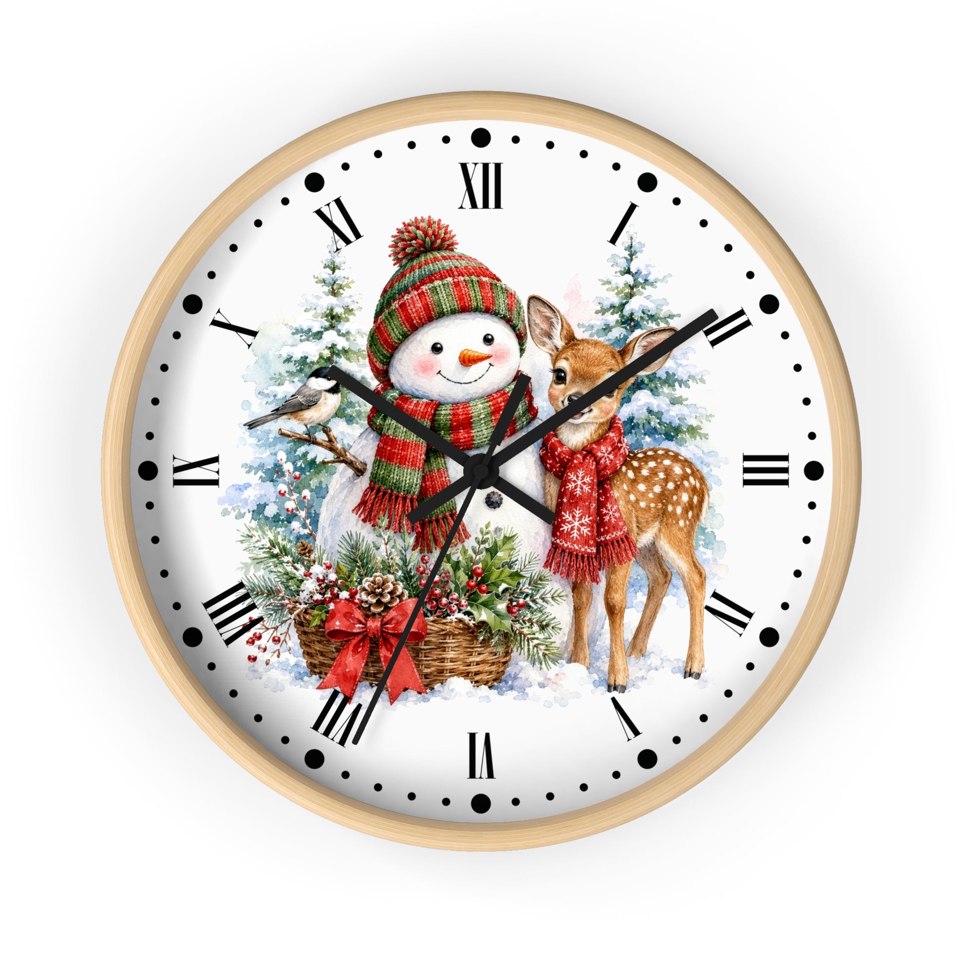 A round wall clock with a light wood frame and a white face, featuring a festive Christmas illustration of a snowman, a deer, evergreen trees, and a bird. The clock has black Roman numerals and black hands.