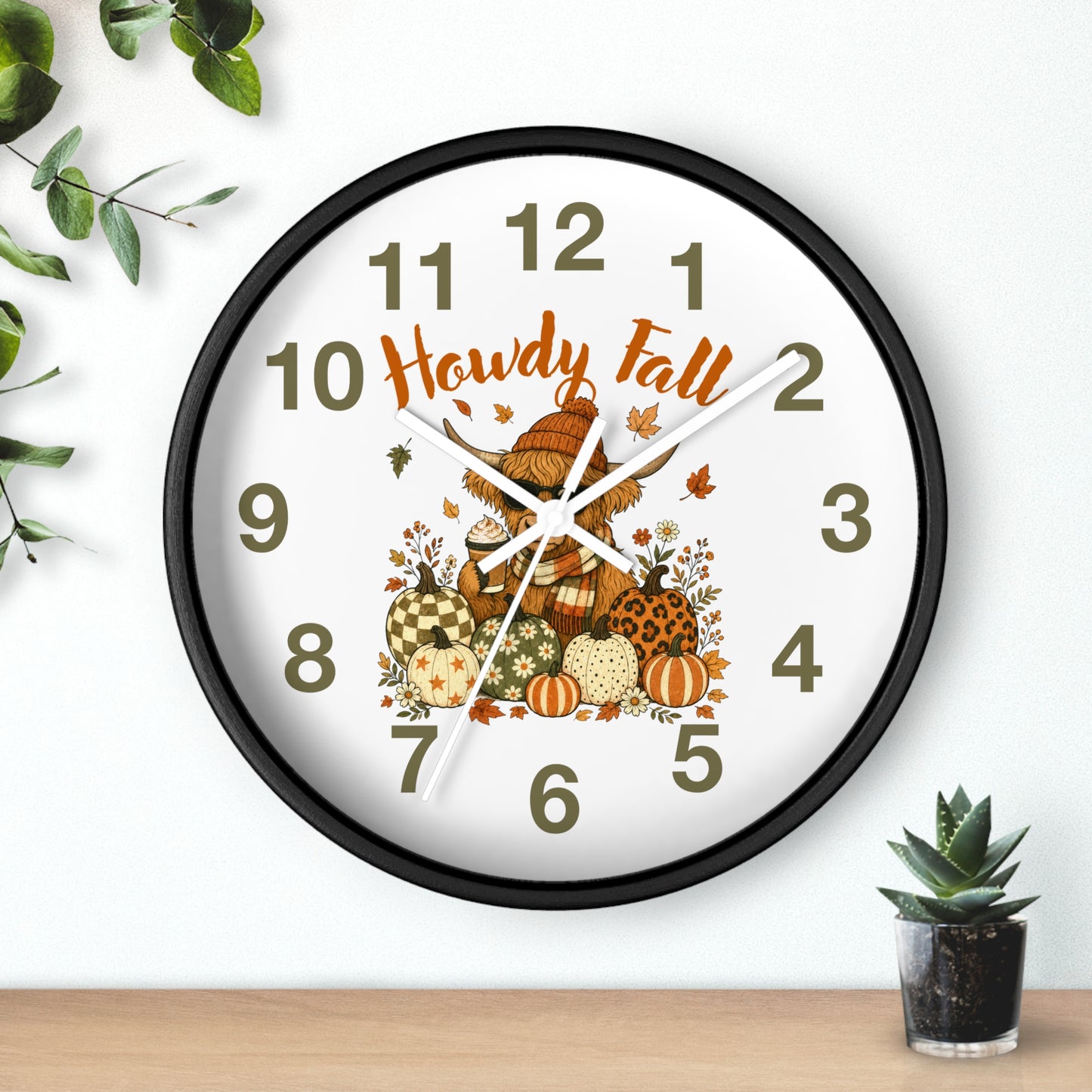Howdy Fall Highland Cow Wall Clock | Autumn Pumpkin Decor
