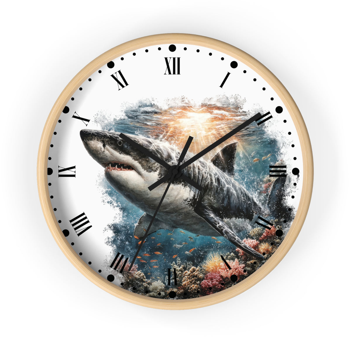 Round wall clock with a light wood frame and a printed ocean scene featuring a large shark swimming over coral, with black Roman numerals and hands on a white face.