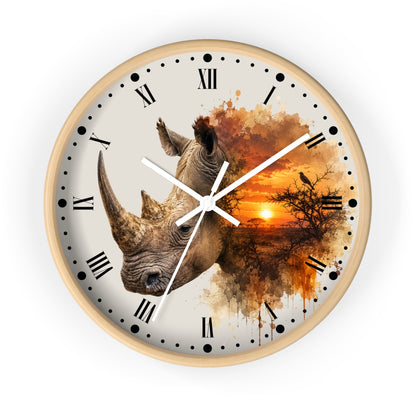 Rhino Sunset Wall Clock with Roman Numerals — Safari Wildlife Decor