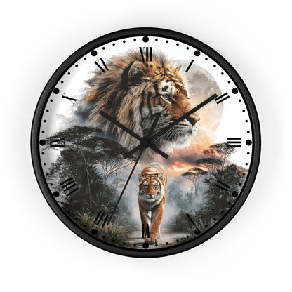 A round wall clock with a black frame and a printed safari design featuring a large tiger head, a walking tiger, trees, and a glowing moon on a white background.