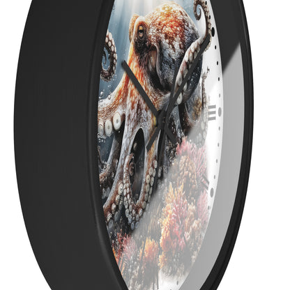 A round wall clock with a black frame and a printed octopus over an underwater coral scene on the face, shown against a plain white background.