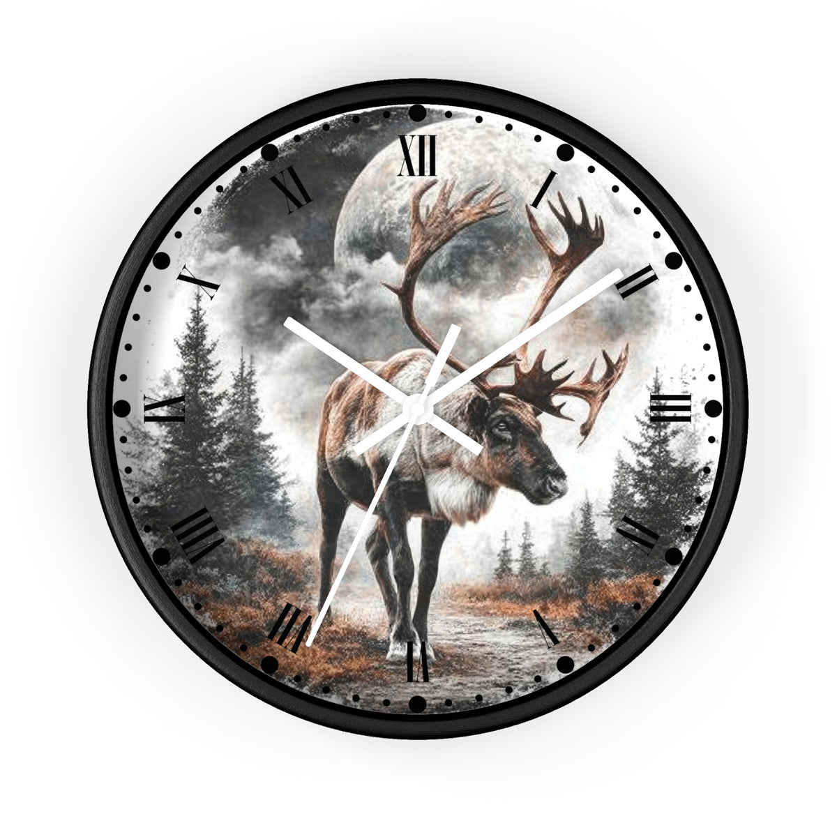 Round wall clock with a black frame and a printed nature scene featuring a large reindeer in a forest under a full moon, with black Roman numerals and white clock hands on a white background.
