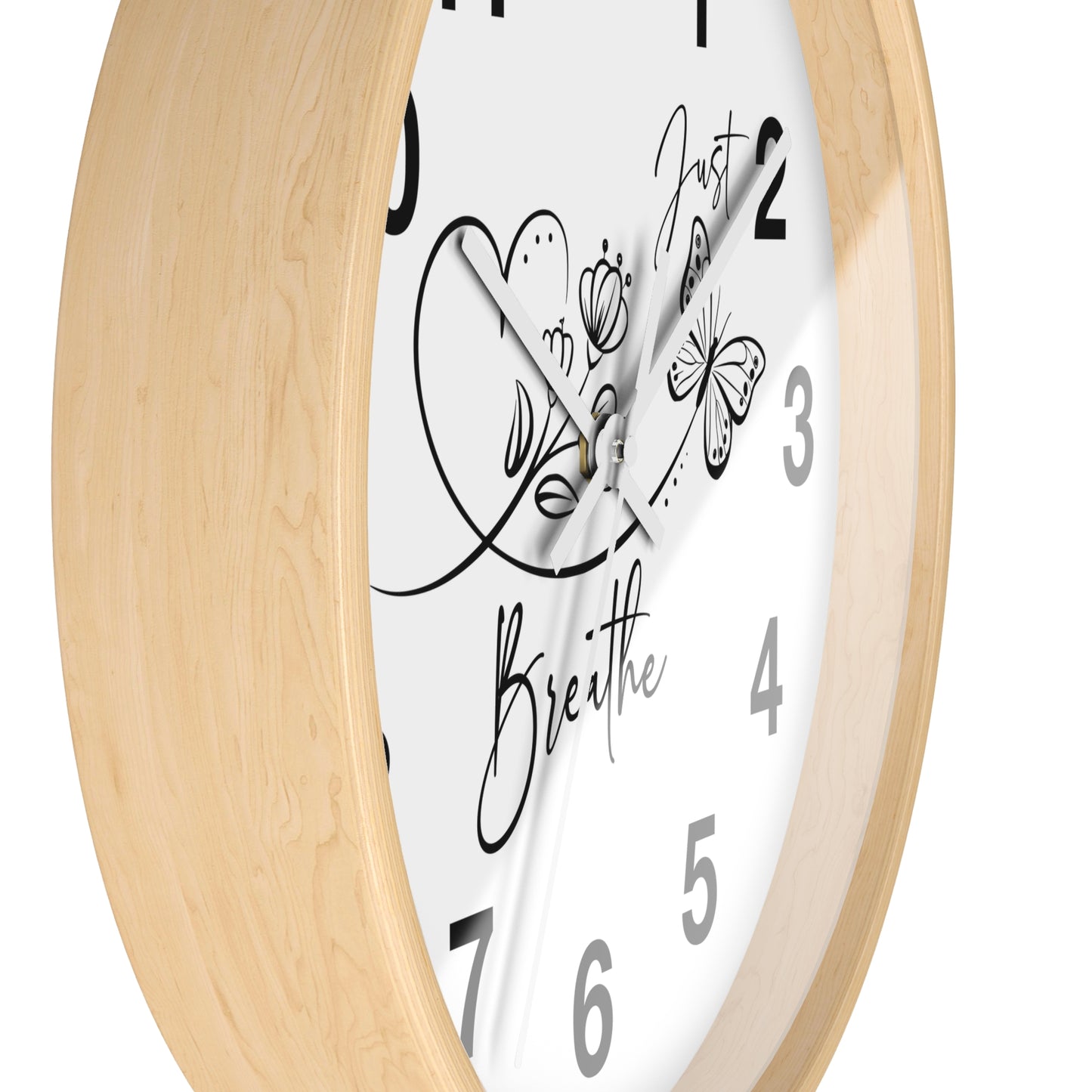 Motivational Wall Clock — "Just Breathe" Minimalist Floral Butterfly Clock