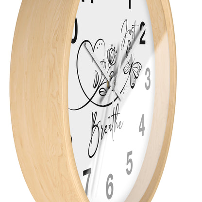 Motivational Wall Clock — "Just Breathe" Minimalist Floral Butterfly Clock