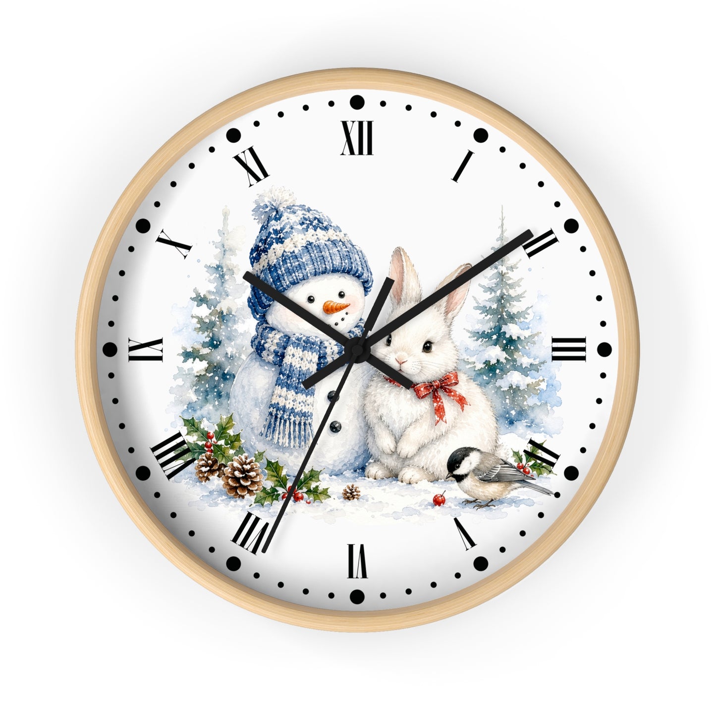 A round wall clock with a light wood frame and a white face featuring a winter holiday illustration of a snowman in a blue knit hat and scarf next to a white rabbit with a red bow tie, with pine trees and a small bird. The clock uses black Roman numerals and black hands.