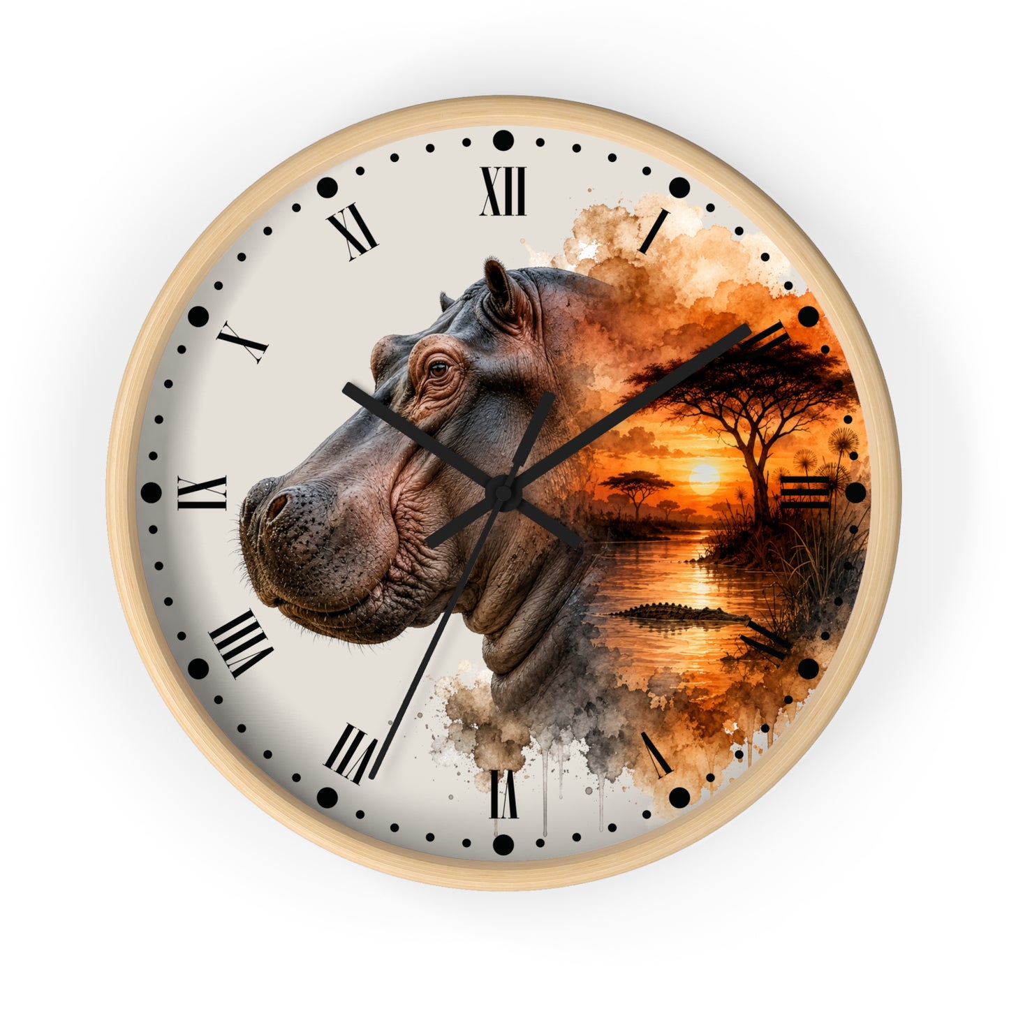 A round wall clock with a light wood frame, featuring a printed design of a hippopotamus head merging into an African savanna sunset scene with a tree and reflective water. The clock face is off-white with black Roman numerals and hands.