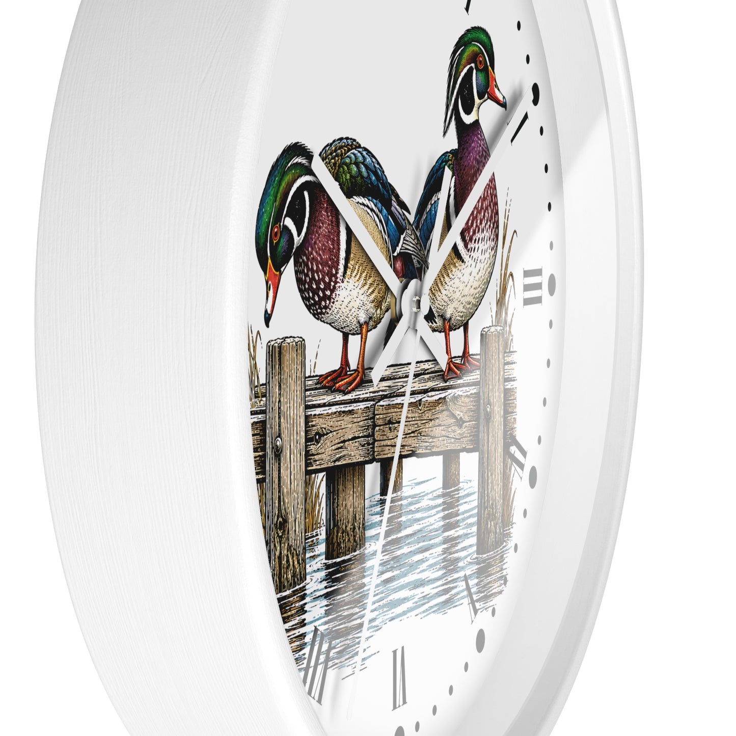Wood Ducks on Pier Wall Clock — Rustic Bird Decor for Nature Lovers
