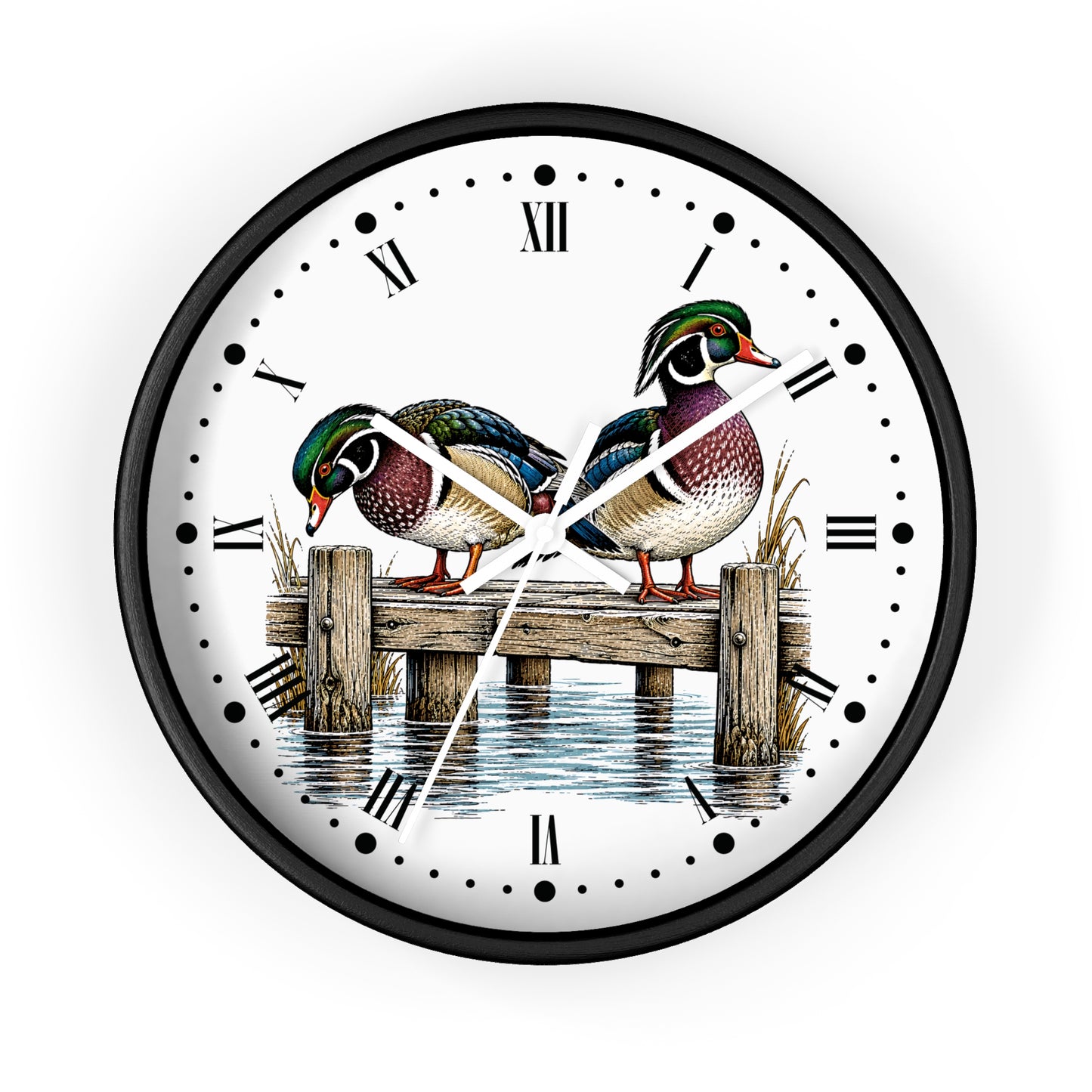 A round wall clock with a black frame and a white face featuring an illustration of two mallards on a wooden dock over water, with black Roman numerals and white hands.