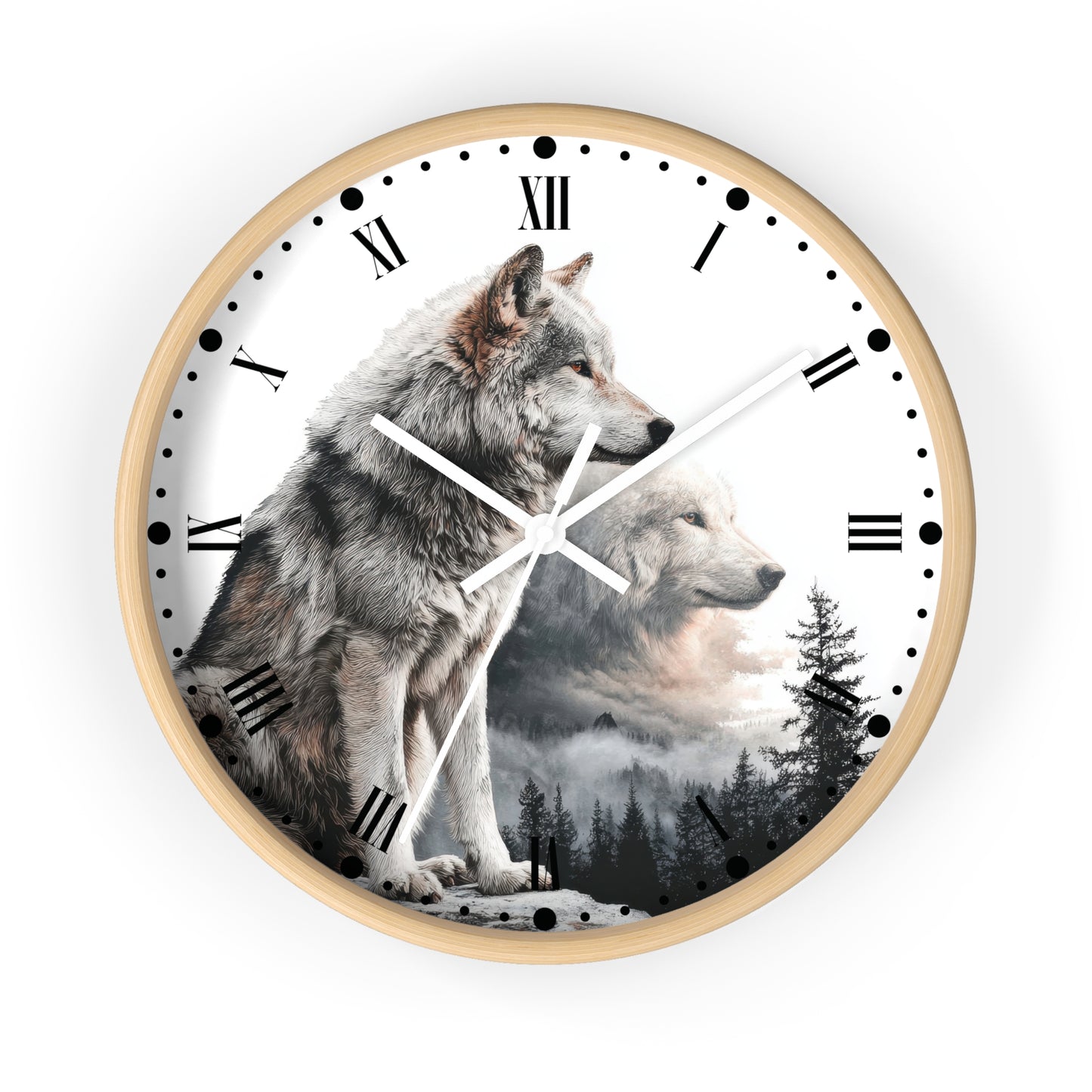 A round wall clock with a white face and white frame, featuring a printed design of two wolves over a misty forest landscape. The clock uses black Roman numerals and black dot hour markers instead of standard numbers, with white hands.
