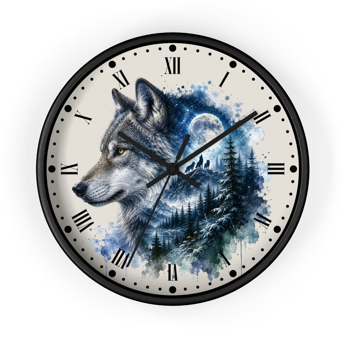 A round wall clock with a black frame and Roman numeral hour markers, featuring a watercolor-style design of a gray wolf over a blue-toned forest and moonlit sky on an off-white face.