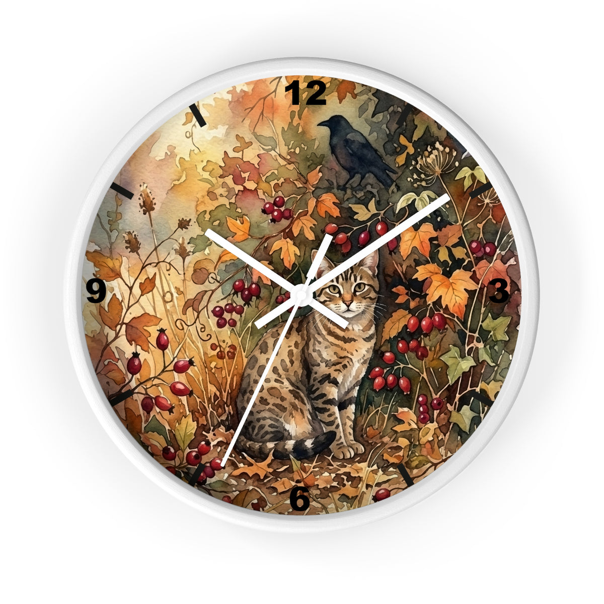 Round wall clock with a white frame and a detailed autumn nature illustration on the face, featuring a tabby cat, a black bird, leaves, berries, and numerals from 1 to 12.