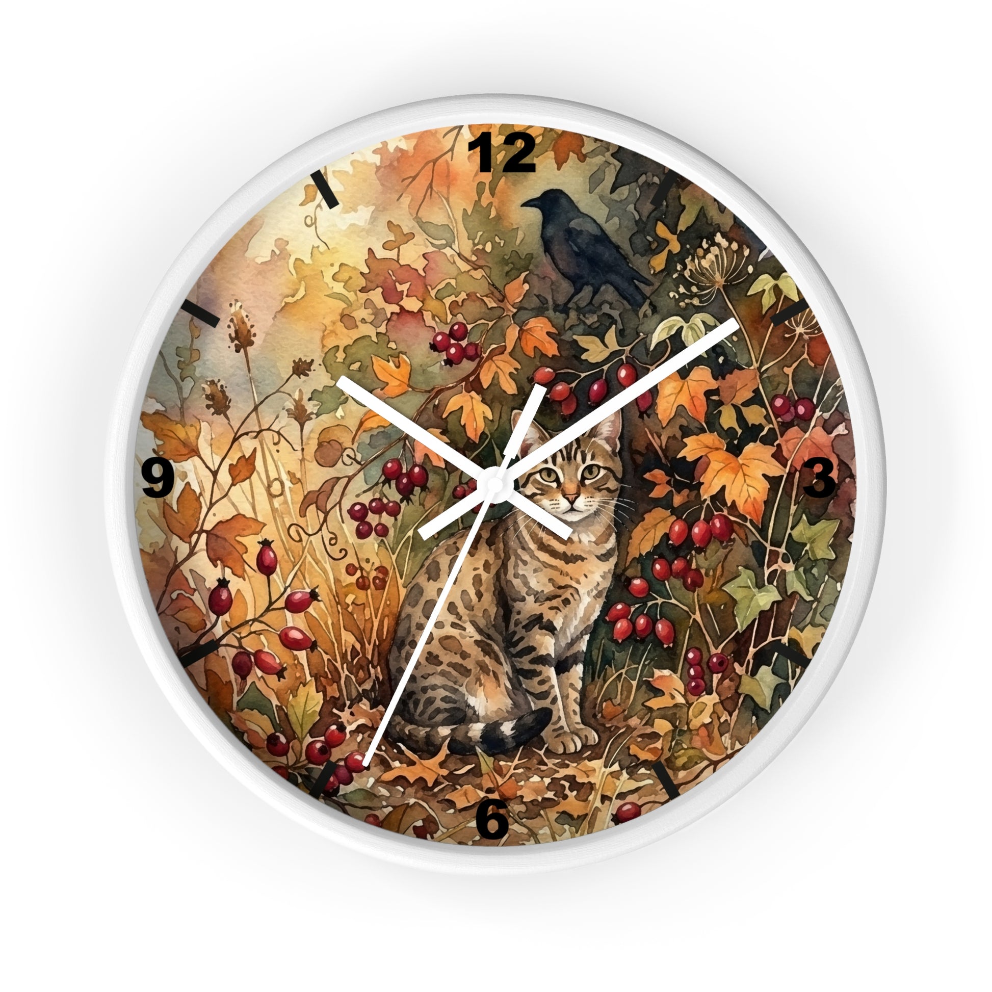 Round wall clock with a white frame and a detailed autumn nature illustration on the face, featuring a tabby cat, a black bird, leaves, berries, and numerals from 1 to 12.