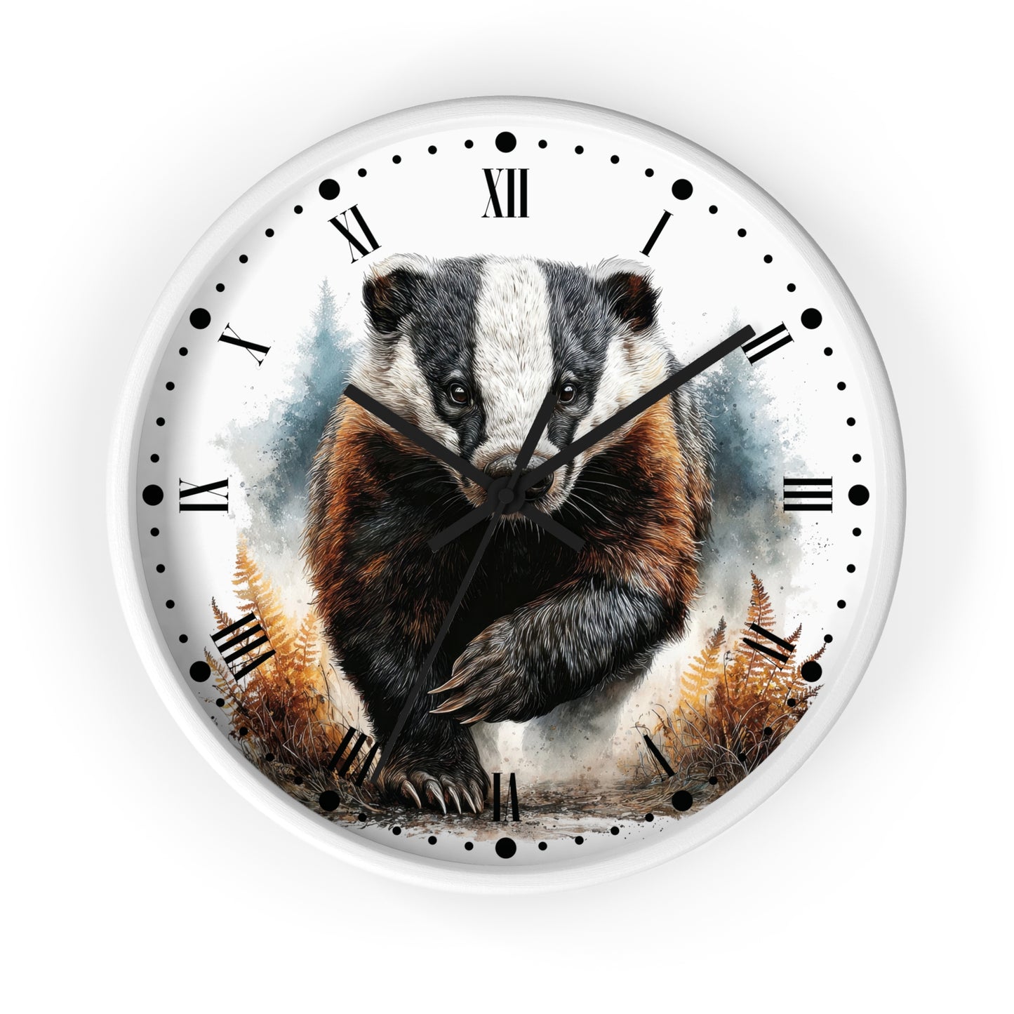 Round wall clock with a white face, black Roman numerals, and a detailed illustration of a badger in the center, surrounded by watercolor-style blue and brown foliage.