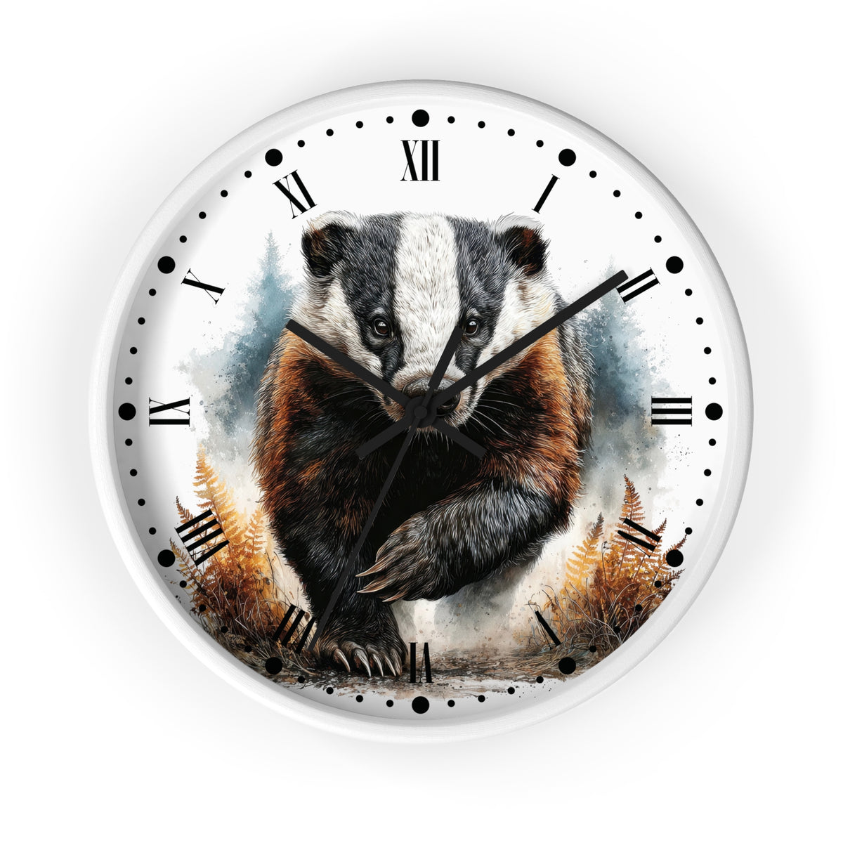Round wall clock with a white face, black Roman numerals, and a detailed illustration of a badger in the center, surrounded by watercolor-style blue and brown foliage.