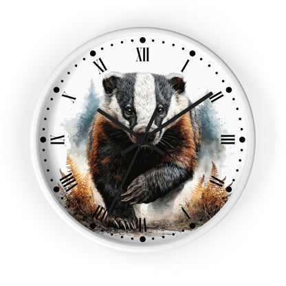 Round wall clock with a white face, black Roman numerals, and a detailed illustration of a badger in the center, surrounded by watercolor-style blue and brown foliage.