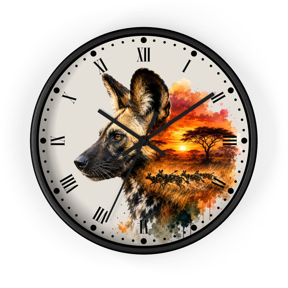 African Wild Dog Sunset Wall Clock — Safari Animal Home Decor