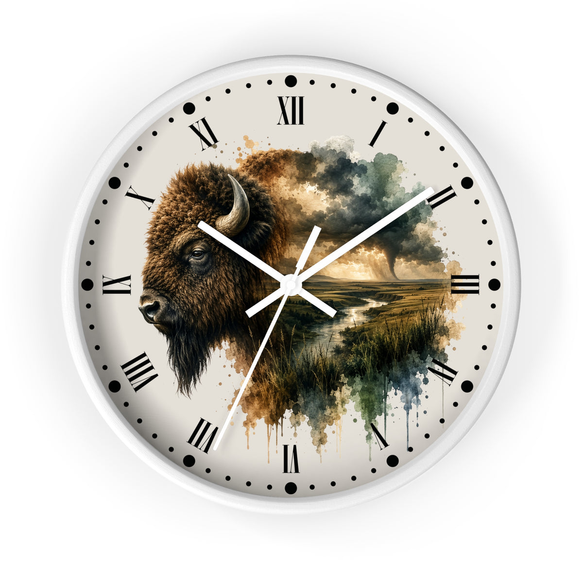 Buffalo Landscape Wall Clock — Rustic Prairie Bison Art