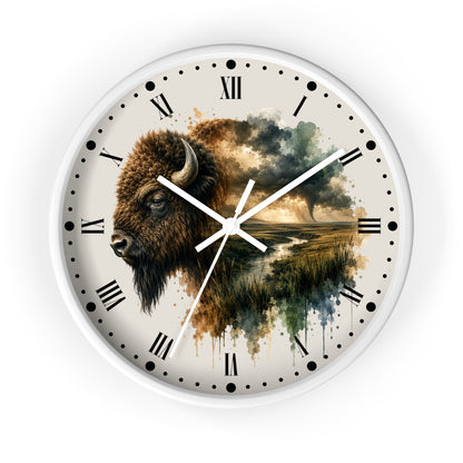 Buffalo Landscape Wall Clock — Rustic Prairie Bison Art
