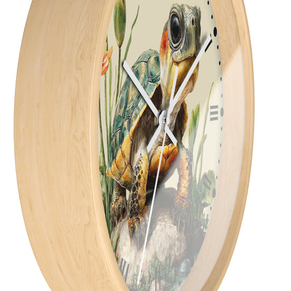Round wall clock with a light natural wood frame and a printed turtle illustration on the face, shown against a plain white background.