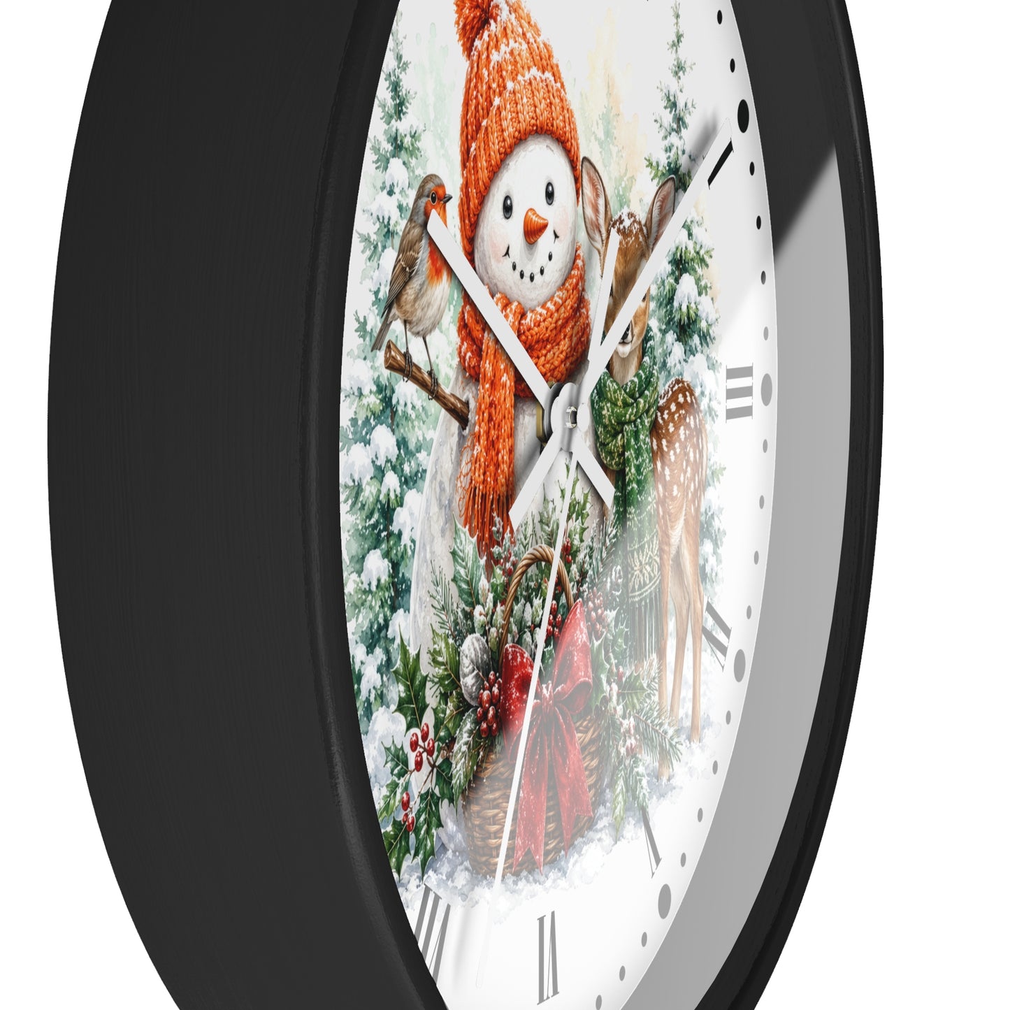Snowman & Fawn Holiday Wall Clock — Festive Winter Deer Decor