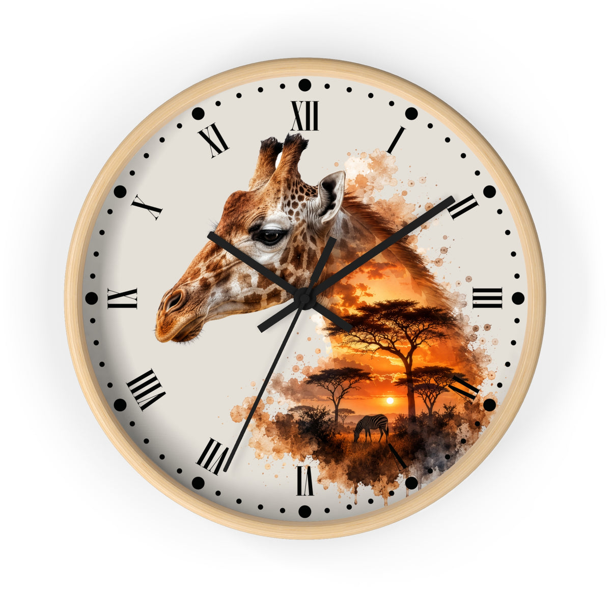 A round wall clock with a light wood frame and a cream-colored face, featuring a giraffe head and an African savanna sunset scene printed on the dial. The clock has black Roman numerals and hands, shown against a plain white background.