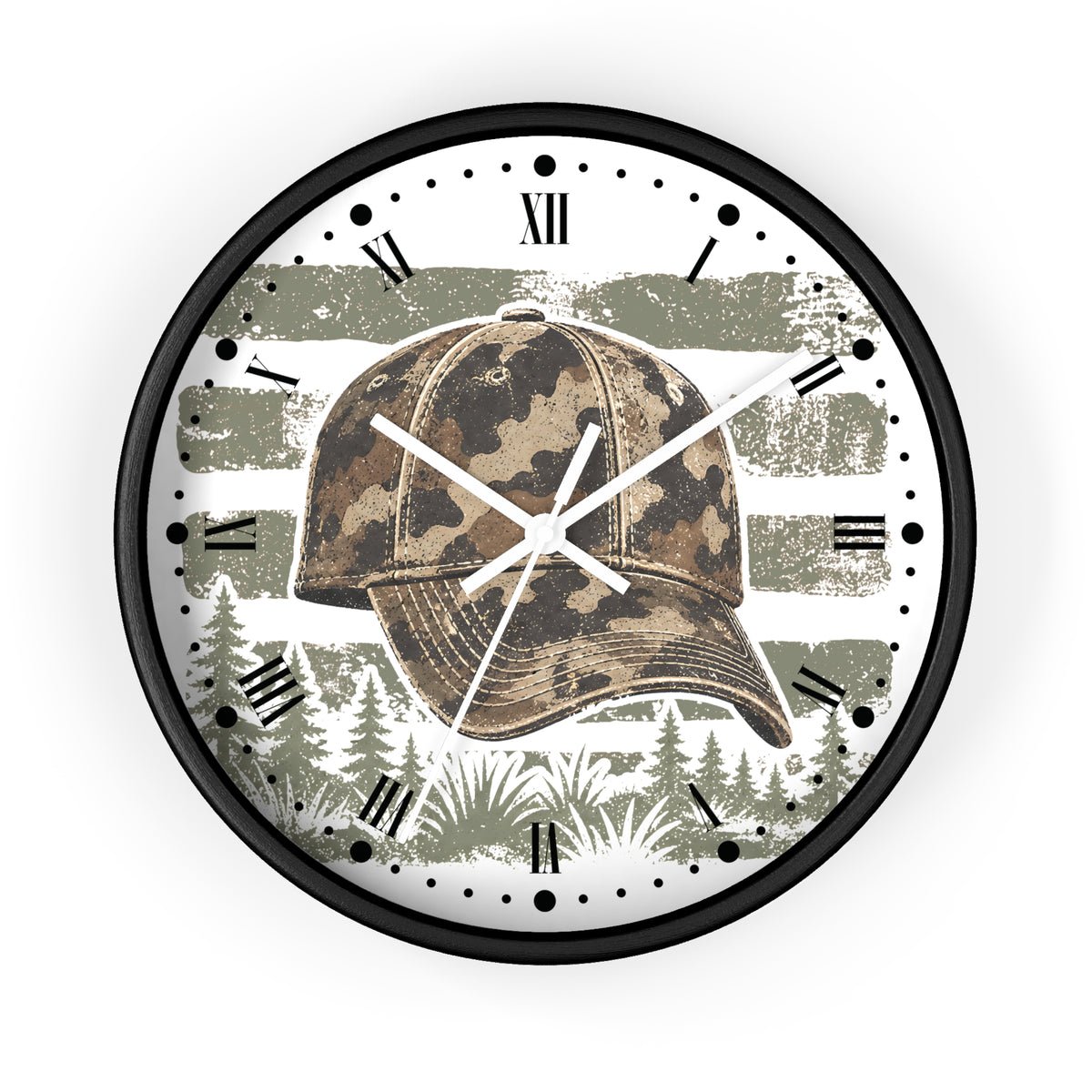 Round wall clock with a black frame and a printed face featuring a camouflage baseball cap over a distressed American flag and forest scene, with Roman numerals and black hour markers.