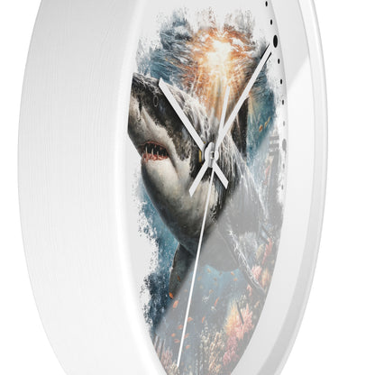A white oval wall clock featuring a printed shark underwater scene with blue, gray, and orange tones, shown against a plain white background.