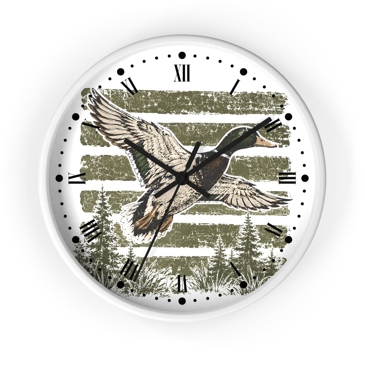 A round wall clock with a white frame and a printed design featuring a flying mallard duck over olive-green striped trees, with black Roman numerals and hands on a white background.
