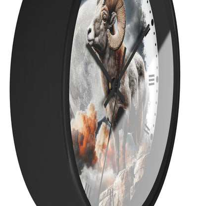 A round wall clock with a black frame and a printed ram illustration on the face, shown against a plain white background.