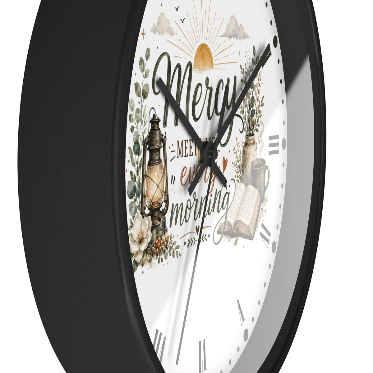 Mercy Meets Every Morning Wall Clock — Rustic Christian Inspirational Decor