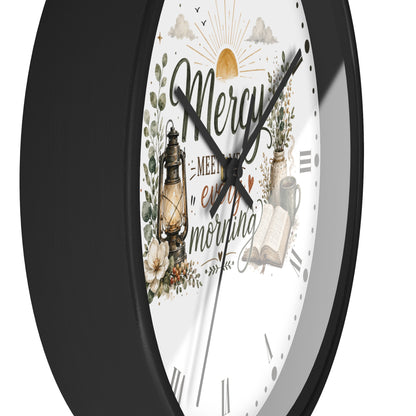 Mercy Meets Every Morning Wall Clock — Rustic Christian Inspirational Decor
