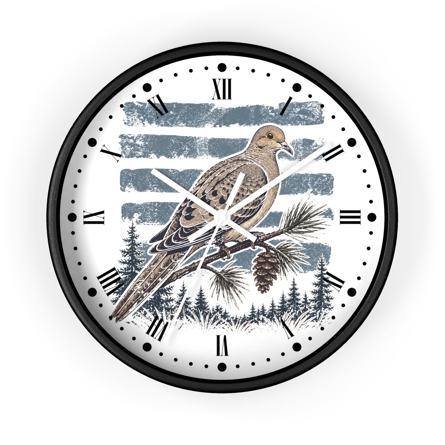 A round wall clock with a black frame and a white face featuring a detailed illustration of a brown dove bird perched on a pine branch, with blue-gray brushstroke stripes and a forest silhouette at the bottom.