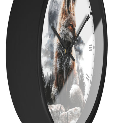 A close-up of a round wall clock with a black frame and a printed scenic face showing a wolf standing in a misty forest. The clock has black hands, Roman numerals, and no visible brand name.
