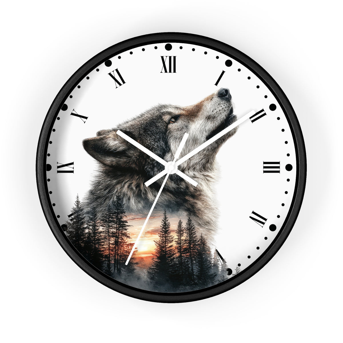 Wolf  Sunset Wall Clock with Roman Numerals — Rustic Forest Animal Decor