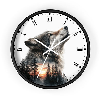Wolf  Sunset Wall Clock with Roman Numerals — Rustic Forest Animal Decor