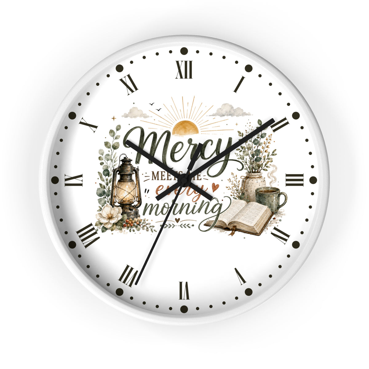 Mercy Meets Every Morning Wall Clock — Rustic Christian Inspirational Decor