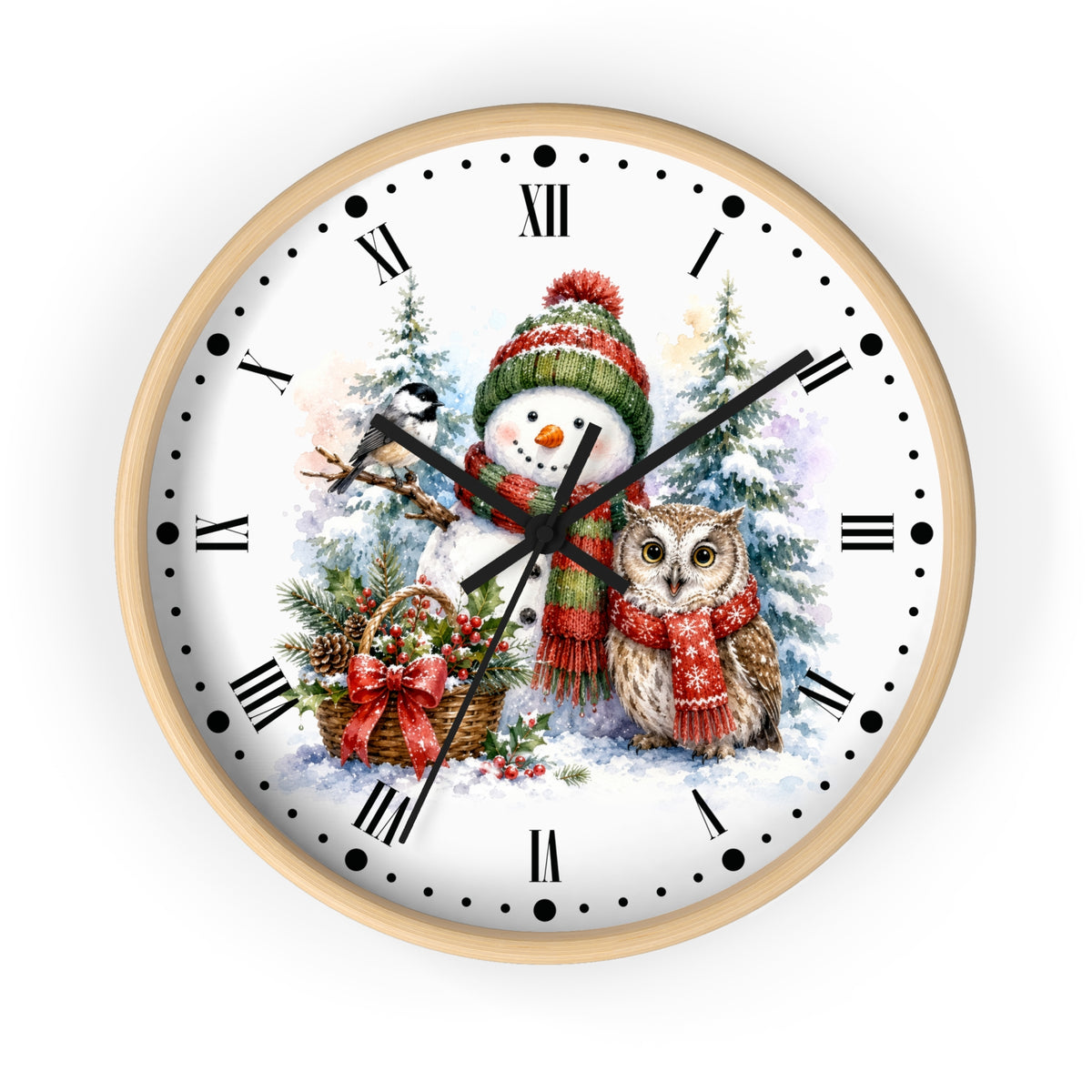 A round wall clock with a light wood frame and a white face featuring a festive Christmas illustration of a snowman and owl surrounded by trees and a basket.